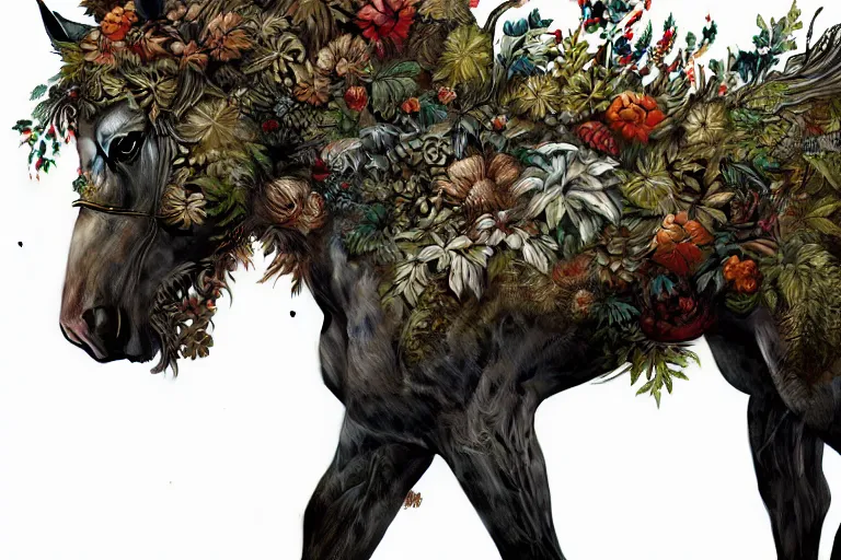 Image similar to a stunning horse made of gnarled wood and plants by sandra chevrier and greg rutkowski, high key lighting, volumetric light, digital art, highly detailed, fine detail, intricate, ornate, complex, octane render, unreal engine, photorealistic