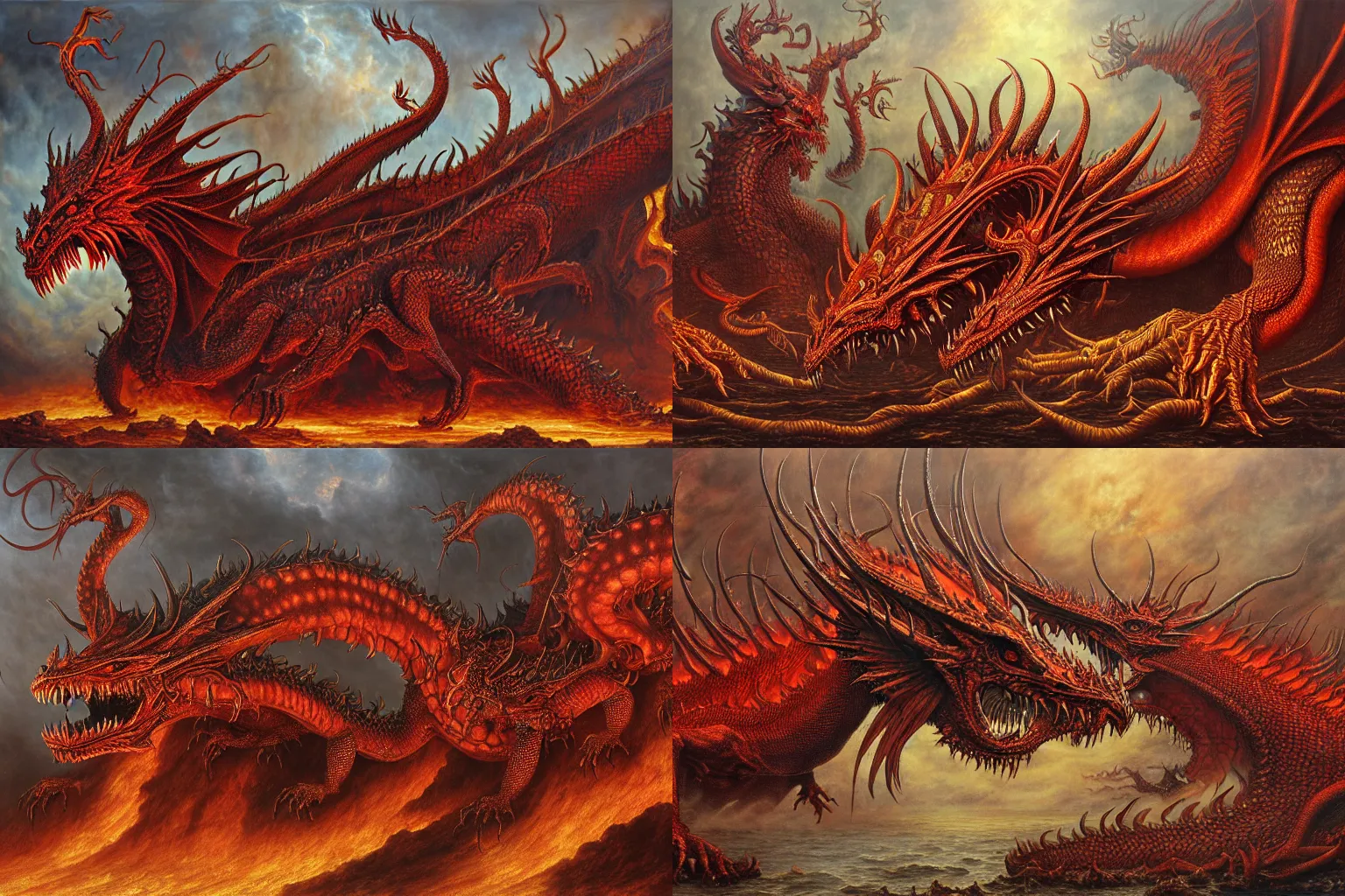 Prompt: a crowned 7-headed, 10-horned great fiery red dragon, detailed, intricate, matte painting by Mariusz Lewandowski, Giger and Jacek Yerka