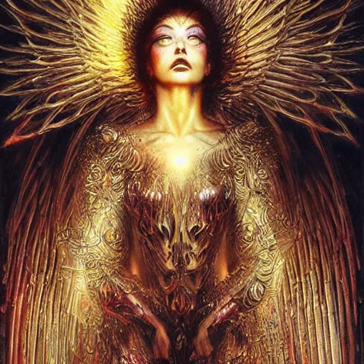 Image similar to thousands of angels on their knees worshiping a light, shining lights, god rays by by Karol Bak, Ayami Kojima, Amano and Olivier Ledroit