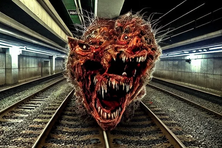 Image similar to very large giant mutant zombie irradiated ( angry rat ) staying on railways in tonnel of moscow subway. tonnel, railways, giant angry rat, furr, fangs, very realistic. extreme long shot, rusty colors, anish kapoor, ( herman nitsch, giger ).