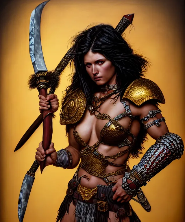 Image similar to hyperrealistic mixed media painting of a beautiful young female barbarian, stunning 3d render inspired art by P. Craig Russell and Barry Windsor-Smith + perfect facial symmetry + dim volumetric lighting, dark black hair, pale skin, ornate crimson armor with gold trim, dizzy, full body, confident heroic pose, arms crossed, d&d, 8k octane beautifully detailed render, post-processing, extremely hyperdetailed, intricate, epic composition, grim yet sparkling atmosphere, cinematic lighting + masterpiece, trending on artstation, very very detailed, masterpiece, stunning