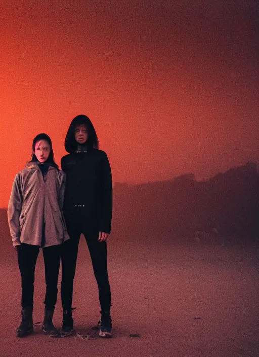 Image similar to cinestill 5 0 d photographic portrait of two loving female androids wearing rugged black techwear standing in front of a brutalist structure on a desolate plain with a red sky, extreme closeup, cyberpunk style, dust storm, 8 k, hd, high resolution, 3 5 mm, f / 3 2, ultra realistic faces, ex machina