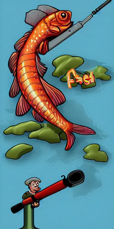 Prompt: antropomorphic mutant fish with rocket launcher. digital art