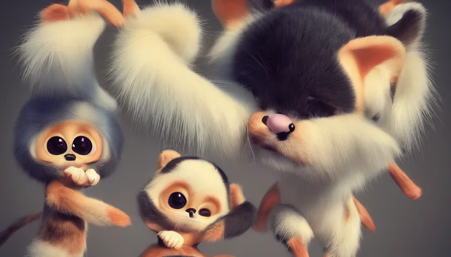 Prompt: very very very cute cirsus performers, baby fur creatures, character design for animation, 3d render, big disney eyes, max kostenko, bobby chiu, symmetrical eyes, cuteness, a lineup of characters, Trending on Artstation, oil on Canvas by Bobby Chiu and Norman Rockwell, octane render, 4k, 8k, HD