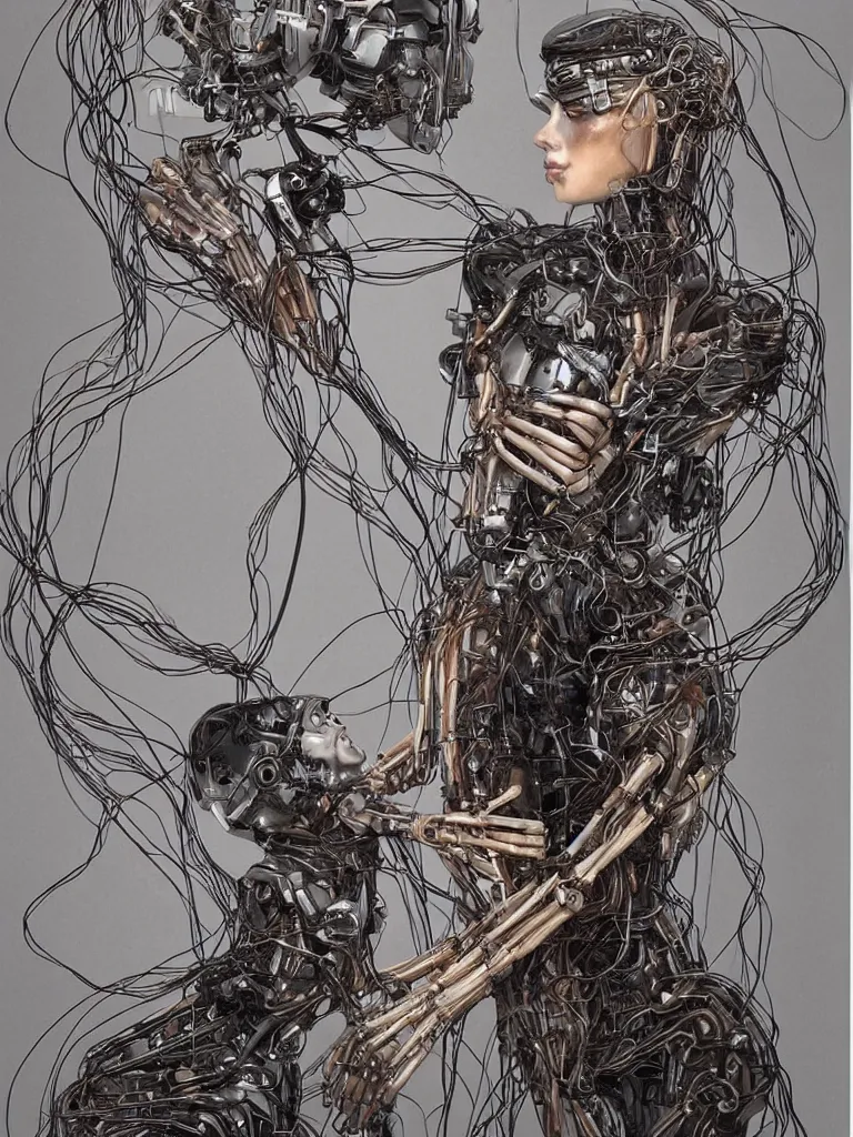 Image similar to portrait of a beautiful female android robot holding a sleeping fox in her arms, there are wires coming from her heart, tangled and entwined with her long flowing hair, mecha, biopunk, skeletal, bones, by Kenne Gregoire