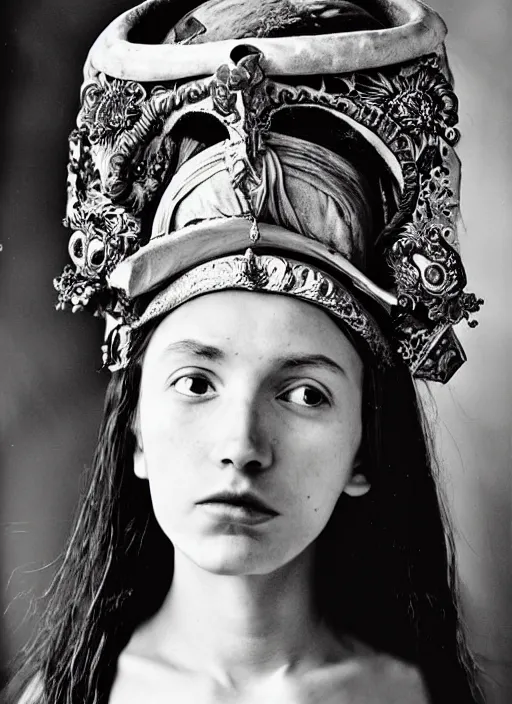 Image similar to portrait of young woman in renaissance dress and renaissance headdress, art by sebastiao salgado