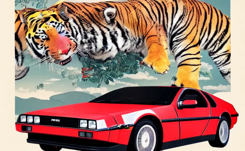 Image similar to a red delorean with a yellow tiger, art by hsiao - ron cheng and utagawa kunisada in a magazine collage, # de 9 5 f 0