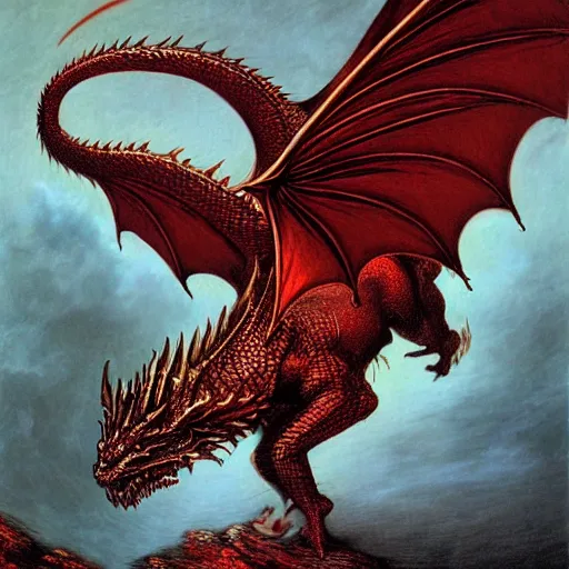 Prompt: fire breathing red dragon by gustave dore - n 9