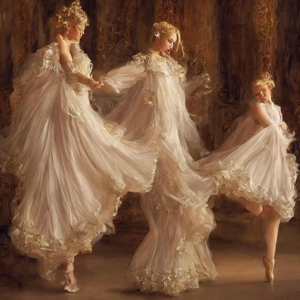 Prompt: a young girl with blond hair danced in the splendid palace, palace dance, dreamy, romantic, night lighting, highly detailed, expressive impressionist style, 8 k