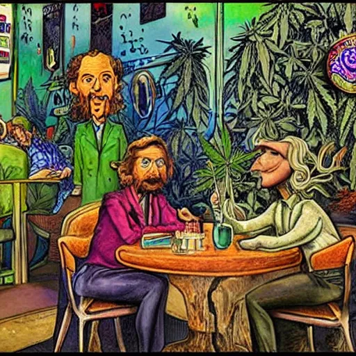 Image similar to the cannabis legalization movement in australia started with customers demanding it in their local cafes, by ernst fuchs colored and remastered in 3 d by pixar