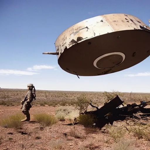 Prompt: us military soldier standing next to large crashed ufo spacecraft wreckage rusty metal destroyed object professional photo new mexico sonora desert in background