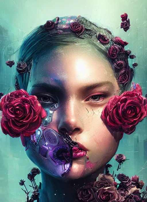 Image similar to portrait of a female face with roses, cyberpunk cyborg. roses, muted colors, sci - fi, intricate abstract upper body intricate artwork, by tooth wu, wlop, beeple, dan mumford. concept art, octane render, deviantart, greg rutkowski, cinematic arthouse, key art, hyper realism, iridescent accents