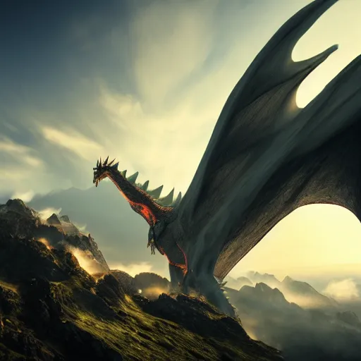 Prompt: giant majestic epic dragon on a mountain between the clouds, epic, volumetric light, volumetric fog, extreme details, 8 k, artstation