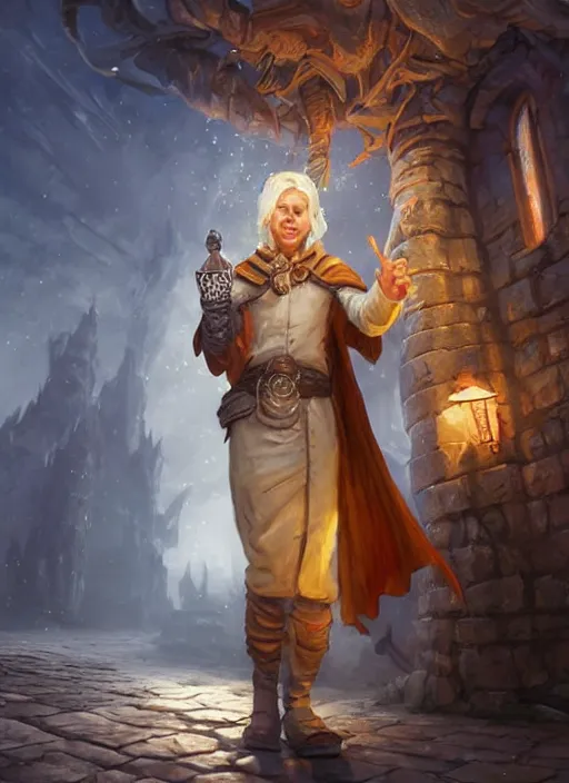 Image similar to traveling merchant in white coat, ultra detailed fantasy, dndbeyond, bright, colourful, realistic, dnd character portrait, full body, pathfinder, pinterest, art by ralph horsley, dnd, rpg, lotr game design fanart by concept art, behance hd, artstation, deviantart, global illumination radiating a glowing aura global illumination ray tracing hdr render in unreal engine 5
