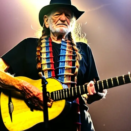 Image similar to willie nelson on stage, four fingers holdingguitar. god rays through fog.