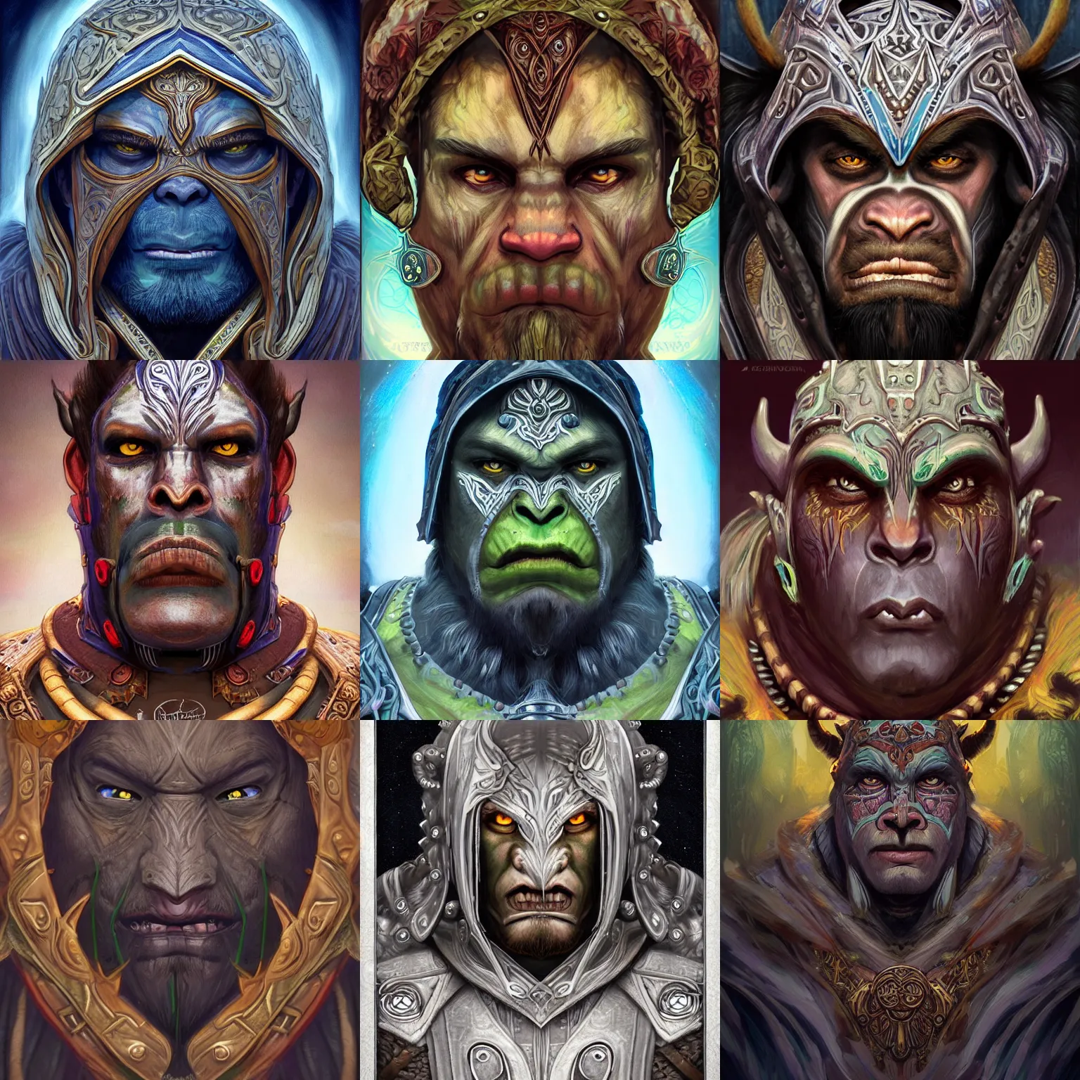 Prompt: head-on symmetrical centered painted portrait, Warcraft male orc druid, shaman leather armour, art nouveau, tarot card style, tarot card style, fantasy, intricate, elegant, highly detailed, smooth, sharp focus, illustration, artstation, in the style of Artgerm and Anna Podedworna and Alex Ross and Mucha