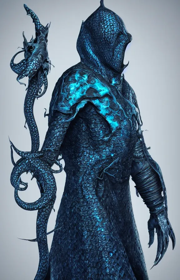 Image similar to detailed hypperrealistic artstation render, full body front view of a scaly black cloaked man, wearing a metallic blue squid mask. he holds in his hand a large knights blue greatsword, in addition tentacles emerge from his back like wings