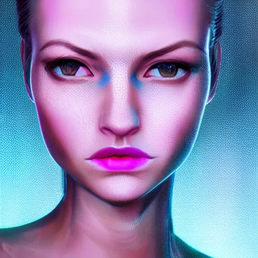 Image similar to A beautiful and detailed portrait of a middle-aged beautiful girl that has bright implants on her face and an angry-desperate look on her eyes. Red eyes trail, bokeh cyberpunk city background, artstation, violet-blue palette, vignette, by artgerm,