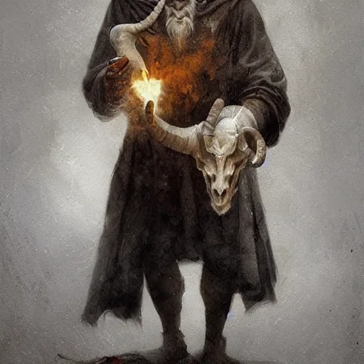 Prompt: man with goat horns holding an animal skull, style of da vinci, fantasy illustration, by greg rutkowski