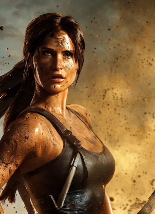 Image similar to a film still of lara croft as batgirl, her face muddy and sweat, direct sun light, close up potrait, cinematic,