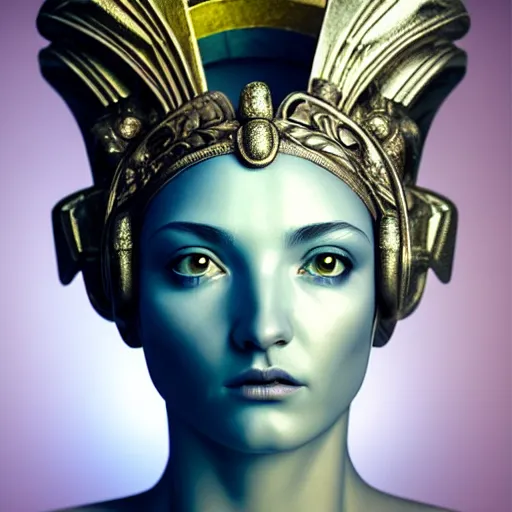 Image similar to hyperrealistic mixed media painting of beautiful goddess Athena, stunning 3d render inspired art by P. Craig Russell and Barry Windsor-Smith, perfect facial symmetry, dim volumetric lighting, full full full full face face face face face 8k octane beautifully detailed render, headpiece headpiece headpiece, post-processing, portrait, extremely hyper-detailed, intricate, epic composition, brown brown brown eyes eyes eyes eyes, realistic realistic realistic eyes, cinematic lighting, masterpiece, trending on artstation, detailed detailed detailed, masterpiece, stunning