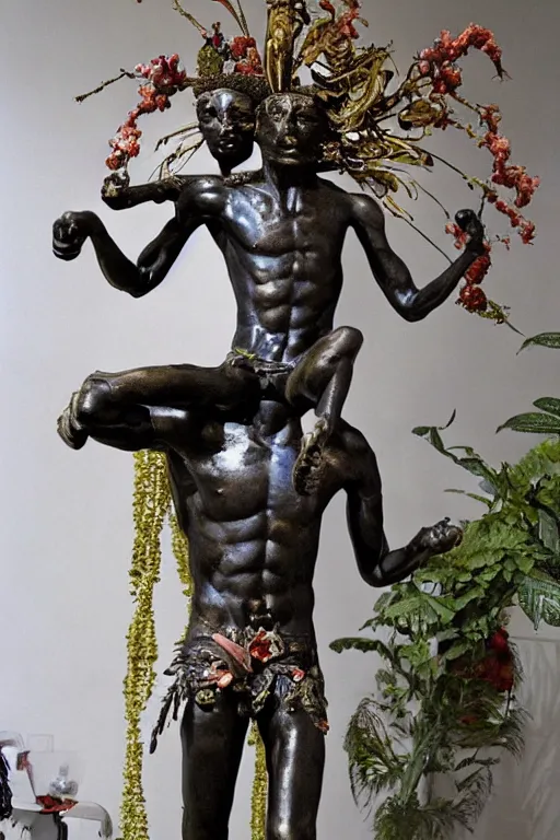 Image similar to Jean-Michel Basquiat as a bronze full-body statue of Icarus spreading his arms and arching his back for flight, glowing quartz crystal skull, wreath of ferns, flowing sakura-colored silk, fabric, flowers. baroque elements, human skull. full-length view. baroque element. intricate artwork by caravaggio. many many birds birds on background. Trending on artstation. halo. octane render, cinematic, hyper realism, octane render, 8k, depth of field, 3D