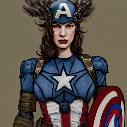 Image similar to captain america as an attractive young smiling woman played by milla jovovich wearing a mushroom crown and heavy armoured wedding dress, face portrait, hd shot, digital portrait, elegant, beautiful, fantasy art, artstation, comic style, by artgerm, guy denning, jakub rozalski, magali villeneuve and charlie bowater