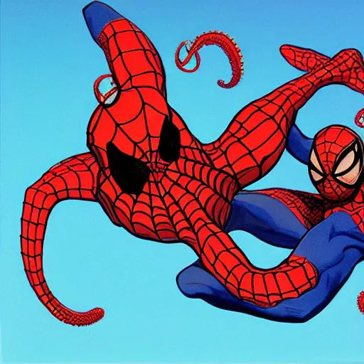 Image similar to octopus attacking and suffocating spiderman, photorealistic