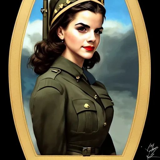 Prompt: A combination of Victoria Justice's and Grace Kelly's and Emma Watson's appearances as a WW2 soldier, full body portrait, western, D&D, fantasy, intricate, elegant, highly detailed, digital painting, artstation, concept art, matte, sharp focus, illustration, art by Artgerm and Greg Rutkowski and Alphonse Mucha