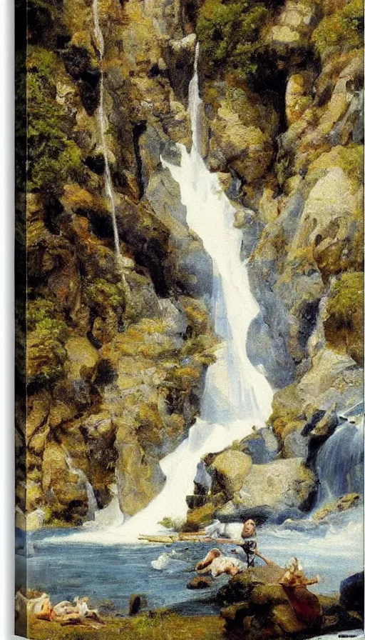 Image similar to still life painting of party on edge of waterfall, by Peder Krøyer, golden hour, dramatic lighting, epic, gargantuan, intricate detail, canvas print