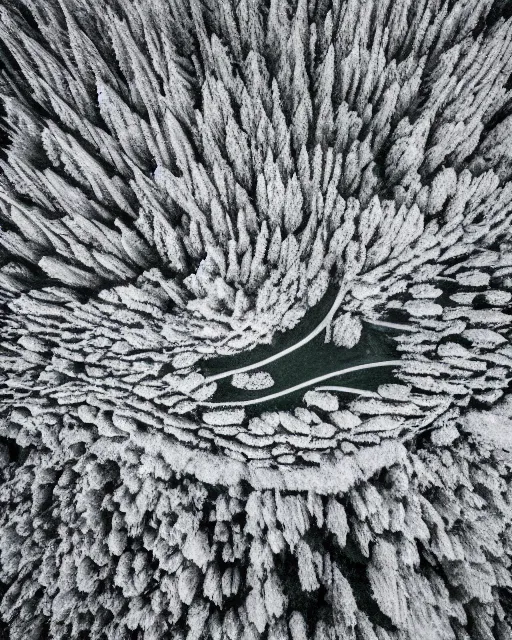 Image similar to alpine landscape, made of intricate decorative lace leaf skeleton, shot from a drone, in the style of the dutch masters and gregory crewdson, dark and moody