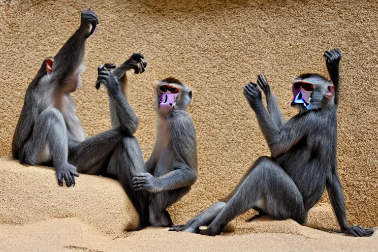 Image similar to full view of monkeys touching a castle made of sand