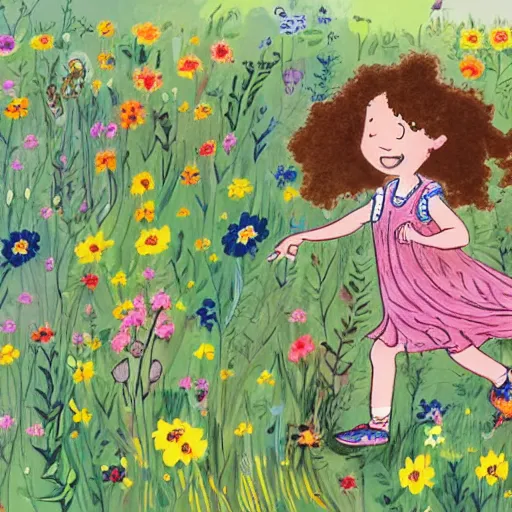 Image similar to a little girl with curly brown hair running through a field of flowers, children's book illustration by quentin blake