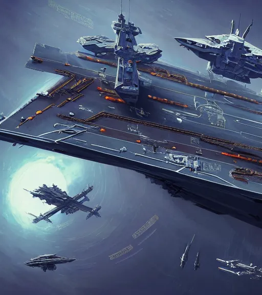 Image similar to cyberpunk aircraft carrier cargo ship strongly resembling industrial spaceship design concept art in space, by david levy, eve online, elite dangerous, artstation, film noir with ultra detailed, intricate, anime, dynamic lighting, digital art, digital painting, art station, wlop, sharp focus, illustration, art by artgerm and greg rutkowski and alphonse mucha