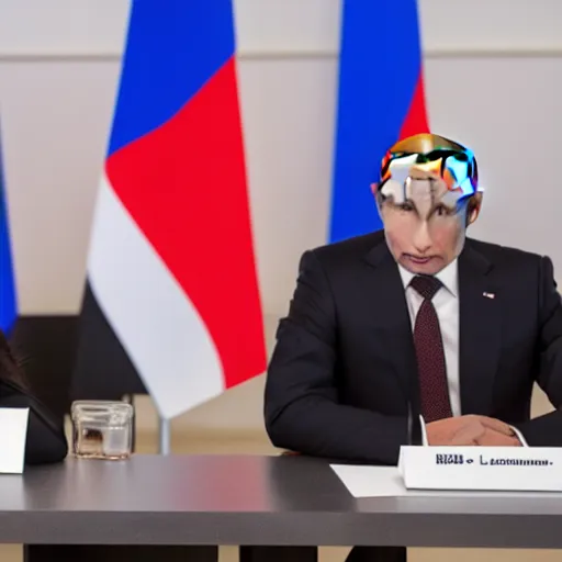 Image similar to annie leonhart and vladimir putin hold joint press conference in biarritz at g 7 summit, zeiss 1 5 0 mm, sharp focus, natural lighting, ultra realistic, high definition 4 k photo, g 7 summit press photos