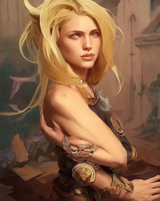 Image similar to '' Portrait of Beautiful blonde Slavic woman in her early 30’s, league of legends, LOL, fantasy, d&d, digital painting, artstation, concept art, sharp focus, illustration, art by greg rutkowski and alphonse mucha ''