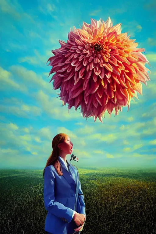 Image similar to closeup giant dahlia flower head, girl in a suit, surreal photography, blue sky, sunrise, dramatic light, impressionist painting, digital painting, artstation, simon stalenhag