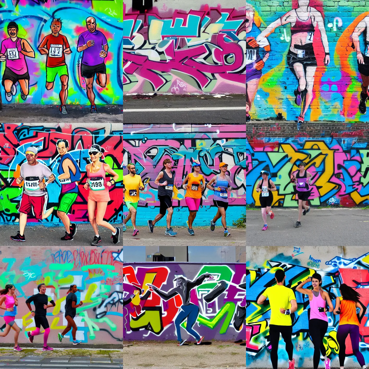 Prompt: three people running a marathon, graffiti