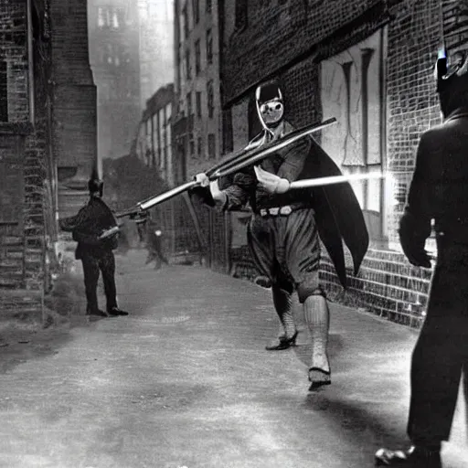 Prompt: old black and white photo, 1 9 2 5, depicting batman fighting a gangster in an alley of new york city, tommy gun, rule of thirds, historical record