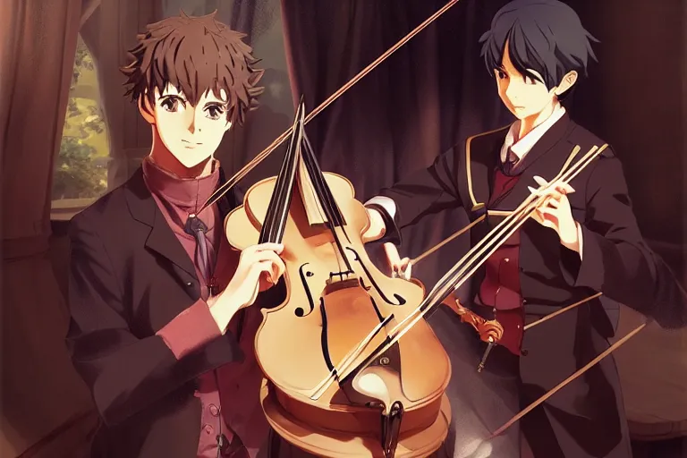 Image similar to anime key visual concept art of anime sherlock plays the violin, anime noble prince is drinking coffee, medieval european style noble manor interior, trending on artstation, brush strokes, oil on canvas, style of kawacy and makoto shinkai and greg rutkowski and studio ghibli