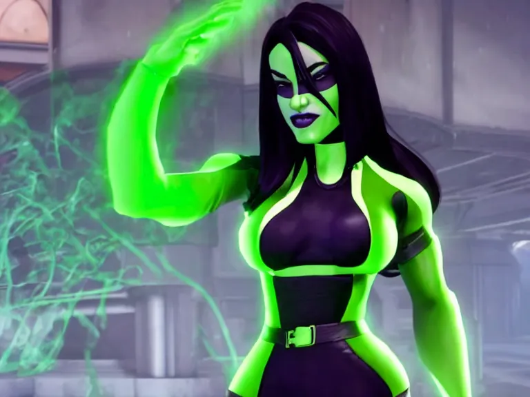 Prompt: Shego as a real person in Mortal Kombat 11, PS5, 5k, in-game cimematic, official media