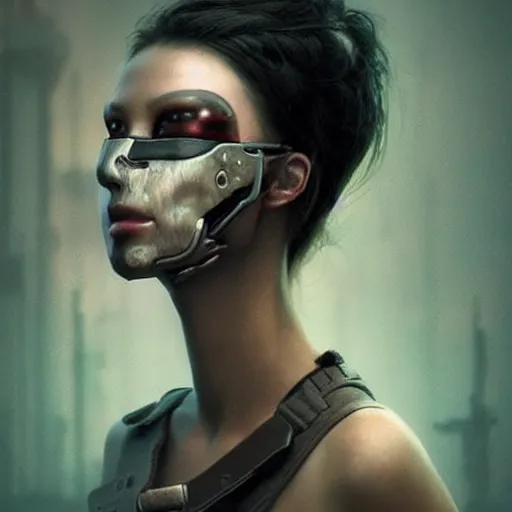Prompt: sexy beautiful woman head made of mech mask rendered in unreal engine, cyberpunk, dark scifi, painted by beksinski