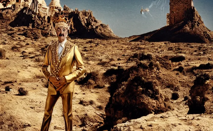 Image similar to portrait of salvador dali wearing a crown and golden dress with jewels in a dry rocky desert landscape, visible sky and sunny atmosphere, alien ruins by giger in the background, film still from the movie by alejandro jodorowsky with cinematogrophy of christopher doyle and art direction by hans giger, anamorphic lens, kodakchrome, very detailed photo, 8 k