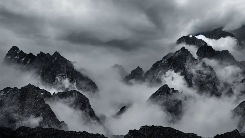 Prompt: a cinematic landscape photograph of a mountains peak in the clouds, thunder and lightning