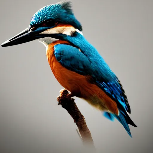 Image similar to kingfisher bird looking majestic, hyperrealistic photograph, dim volumetric lighting, extremely hyper detailed, intricate, epic composition, cinematic lighting, masterpiece, trending on artstation, stunning, hdr, smooth, sharp focus, high resolution, award, winning photo, dslr, 5 0 mm