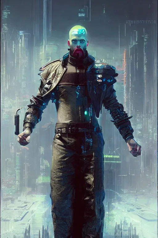 Prompt: a priest as a cyberpunk 2077 character, upper body, highly detailed, intricate, sharp details, dystopian mood, sci-fi character portrait by gaston bussiere, craig mullins, inspired by graphic novel cover art