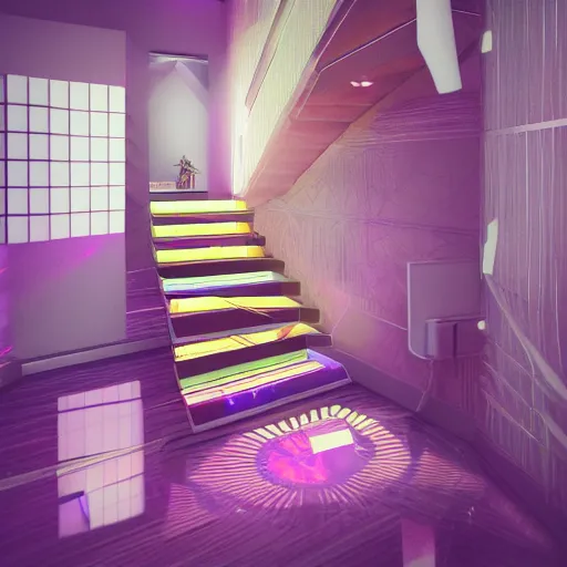 Image similar to a room with a staircase and a disco ball, a 3 d render by mor than, trending on tumblr, crystal cubism, vaporwave, retrowave, synthwave