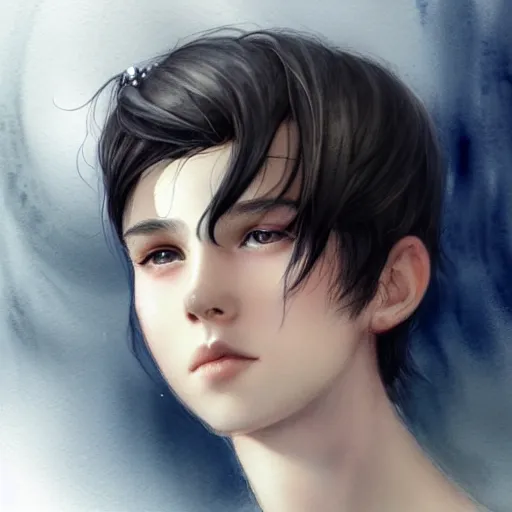 Prompt: young boy, black hair, gorgeous, amazing, delicate, elegant, intricate, highly detailed, watercolor, portrait, artstation, concept art, sharp focus, illustration, art by charlie bowater and Ross tran