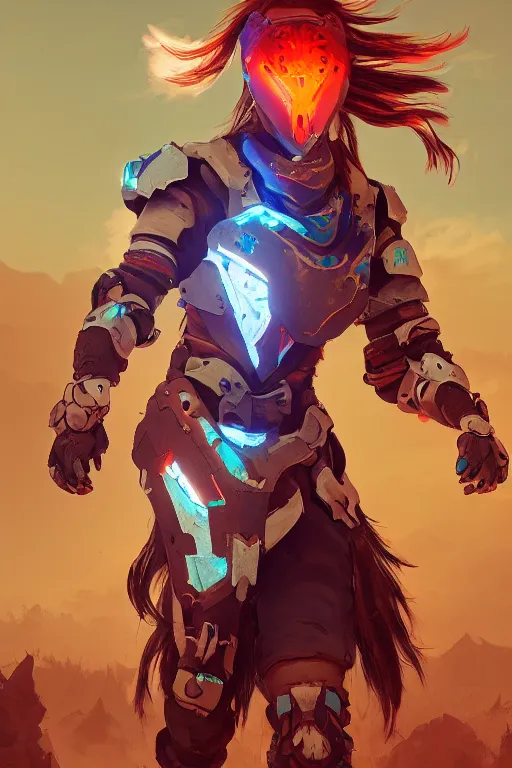 Image similar to combination suit armor aloy horizon forbidden west horizon zero dawn radiating a glowing aura global illumination ray tracing hdr fanart arstation by ian pesty and alena aenami artworks in 4 k tribal robot ninja mask helmet backpack