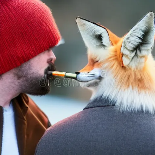 Image similar to a polygamous fox with a hat drinking beer and smoking e - cigarette, stock photo